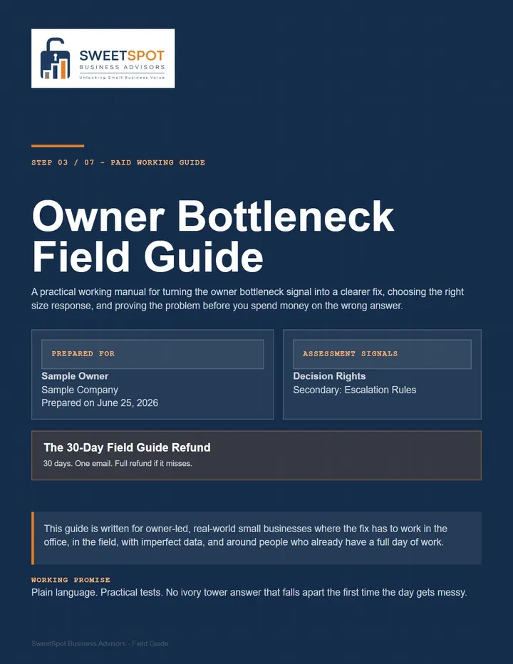 Cover of a sample Owner Bottleneck Field Guide, prepared for a sample company, showing the assessment signals and the 30-day refund
