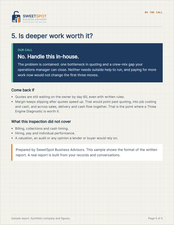 Sample report page 5: the call on deeper work, which in this sample is no, handle it in-house, with the signs to come back