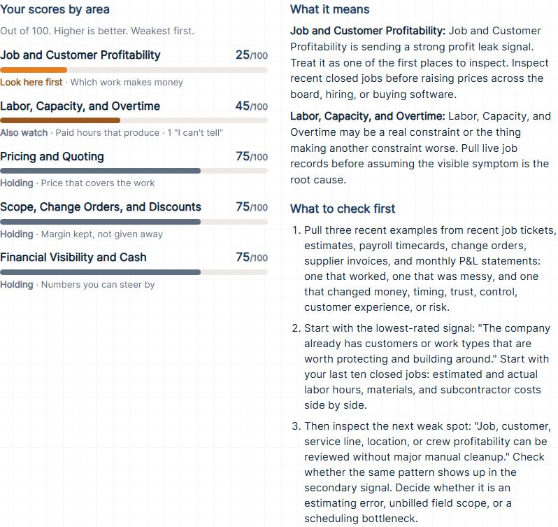 Sample Busy but Not Profitable Self-Assessment breakdown, built from made-up answers: every area score, what the two weakest mean, and three things to check first.